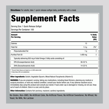 Supplement Facts panel for Triple Strength Fish Oil 1400 Softgels, 100 count, detailing nutritional information.