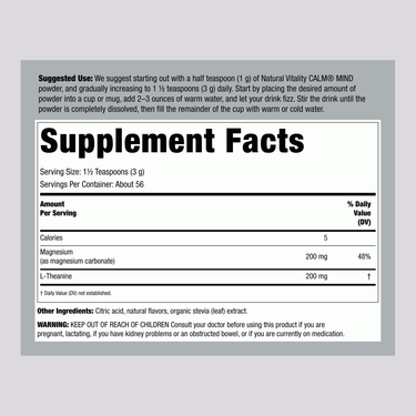Supplement Facts panel for Calm Mind Mag + L-Theanine Honey Chamomile, showing ingredients and nutritional information.
