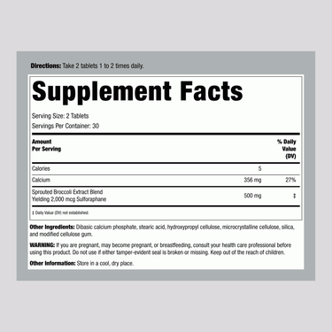 Supplement Facts for Source Nat Broccoli Sprout with Sulforaphane, Tablet, 60 count.