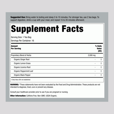 Supplement Facts for Yogi Ginger Tea, 16 bags, detailing ingredients and nutritional information.