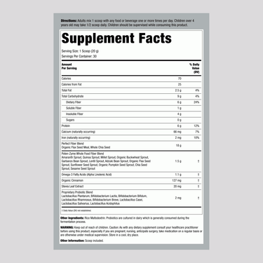 Supplement Facts panel for Garden of Life Super Seed Powder 600g bottle.