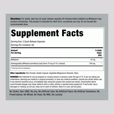 Supplement Facts for Melatonin 10 mg and Ashwagandha in 120 capsules.