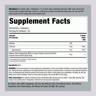 Details of the Supplement Facts panel for MCT Oil Liquid 16 OZ are shown, providing nutritional information and serving size.