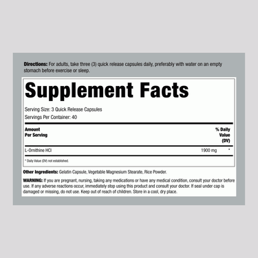 Supplement Facts panel detailing L-Ornithine 1900 mg capsules available in a bottle of 120.