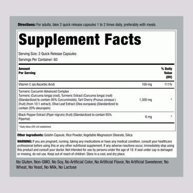 Supplement Facts panel for Turmeric Advanced Complex 120 Capsules.