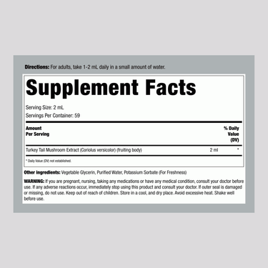 Supplement Facts panel displaying details for Turkey Tail Mushroom Liquid Extract.
