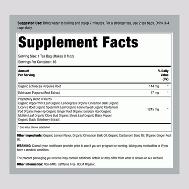 Supplement Facts panel for Yogi Teas Echinacea Immune Support Tea, containing 16 bags.