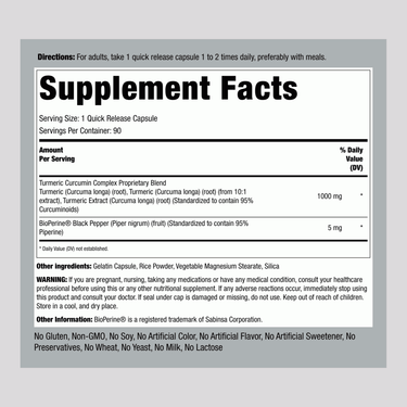 Turmeric Complex 1000 mg Capsules label showing Supplement Facts for 90 capsules.