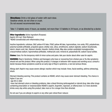 Supplement Facts panel for Geri-Care Enteric Coated Aspirin Tablets, 100 count.