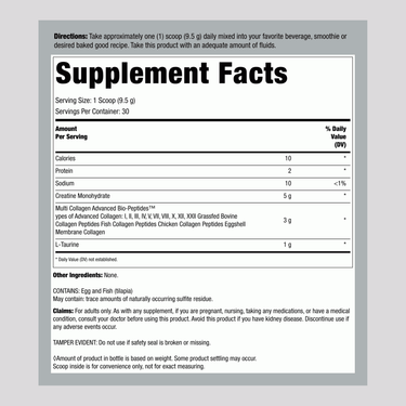 This is the Supplement Facts panel for Creatine + Collagen, detailing nutrient information in compliance with health regulations.