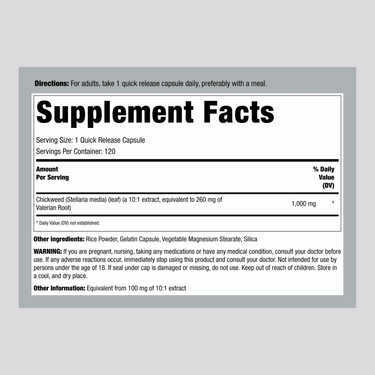 Supplement Facts panel for Carlyle Chickweed 1000 mg, 120 Capsules, detailing ingredients and nutritional information.