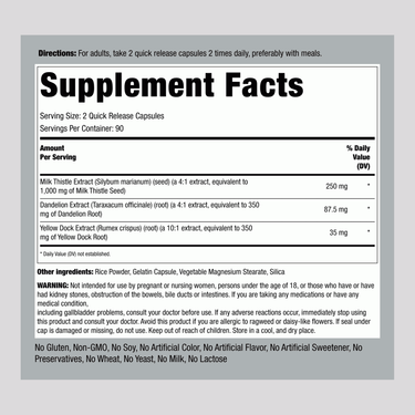 Supplement Facts panel for Milk Thistle, Dandelion, Yellow Dock Capsules containing 180 units displayed on the label.