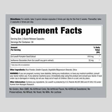 Details of the Supplement Facts panel for Go-Less Bladder Control Capsules, including nutrition information and ingredient list.