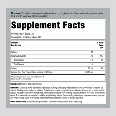 Supplement Facts panel displaying nutritional information for Beet Root Powder, 340 grams.