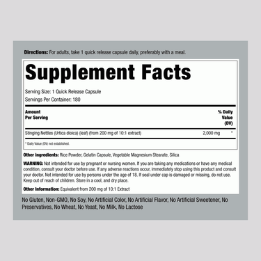 Supplement Facts panel showing details for Stinging Nettles 2000 mg Capsules, 180 count.