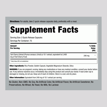 Supplement Facts for Ultra Tart Cherry 2400 mg Capsules.