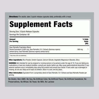 Saw Palmetto supplement details for 3600 mg, 240 capsules shown.