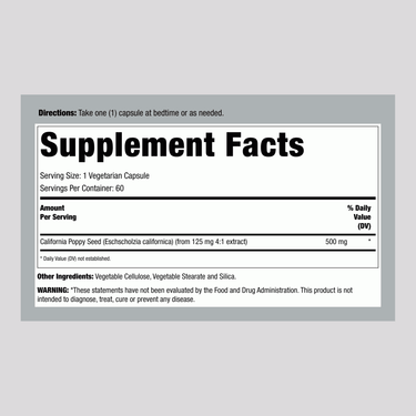Supplement Facts for Bio Nutrition California Poppy, 60 VC capsules.