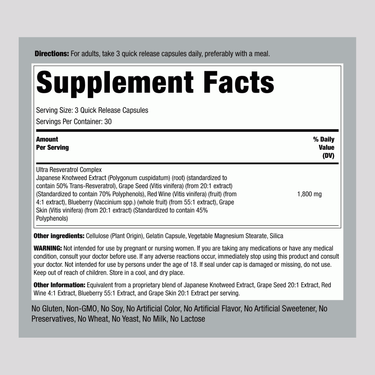 Supplement Facts panel displaying details for Resveratrol 1800mg Complex, available in 90 capsules.