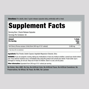 Supplement Facts panel for Ultra Tart Cherry 2400 mg Capsules, 100 count.