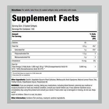 Supplement Facts panel for Burpless Omega-3 Fish Oil 1200 mg, containing 300 softgels.