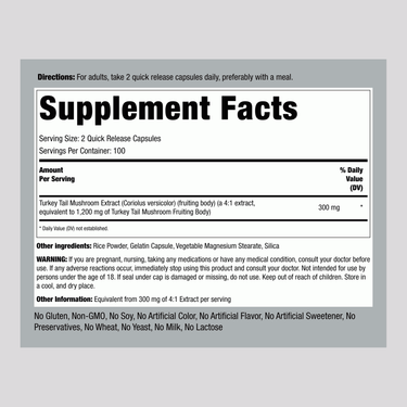 This is the Supplement Facts panel for Turkey Tail Mushroom 1200 mg, available in 200 capsules.