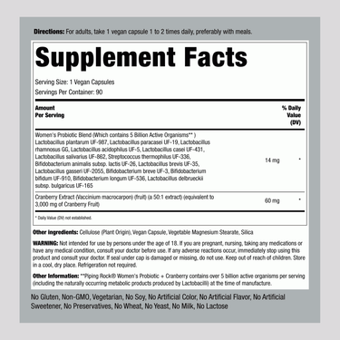 Supplement Facts for Women's Probiotic with Cranberry, 90 vegetarian capsules.