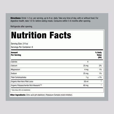 Shows the Supplement Facts panel for Lily Aloe Vera Juice, Certified Organic, in a 16 oz bottle.