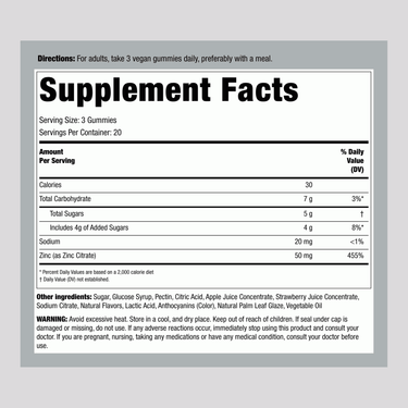 Supplement Facts panel displays details for Zinc 50 mg in 60 gummies.