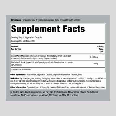 The supplement facts panel for Super Lions Mane Caps 90 offers nutritional details and ingredients for this dietary supplement.