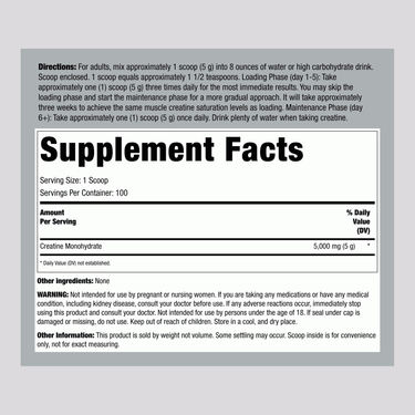 Supplement Facts for German Creatine 500gm 1.1 lb displayed.