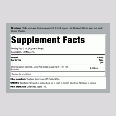 Nature's Answer Cleavers Liquid AF 1 oz Supplement Facts panel shown clearly.
