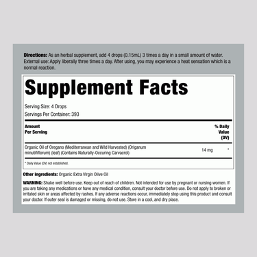 Supplement Facts for Oil of Oregano Liquid 2 OZ Organic, showing details of 1.9-year supply.