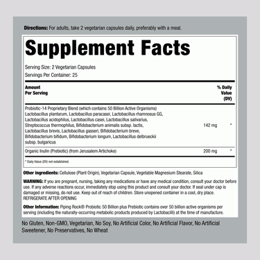 Supplement Facts for Probiotic 50 Billion with FOS Caps, 50 count.