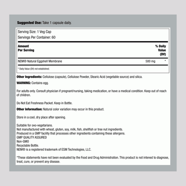 Supplement Facts label for Now Eggshell Membrane 500mg with 60 vegetable capsules.
