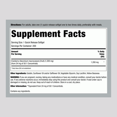 Supplement Facts panel detailing Cranberry Fruit 475mg with 200 softgels.