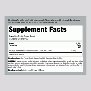 Supplement Facts for Carlyle Hydrangea Root 1000mg, 100 Capsules, displayed on panel.