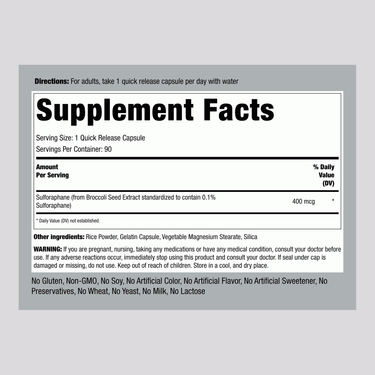 Supplement Facts panel for Sulforaphane (Broccoli) 90 Capsules.