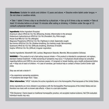 Supplement Facts label for TRP Asthma Therapy, 70 tablets.