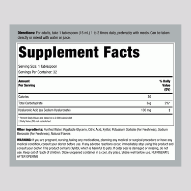 Supplement Facts panel detailing Hyaluronic Liquid Beauty 16 oz.