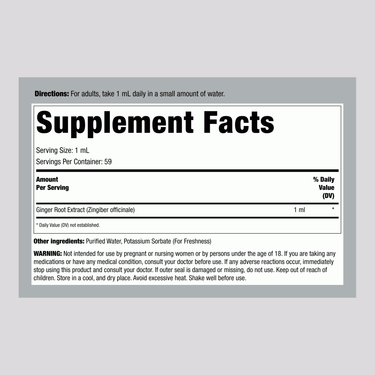 Supplement Facts panel for Ginger Root AF Liquid Extract 2 oz bottle.