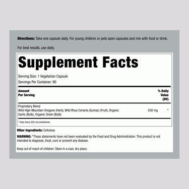 Supplement Facts panel for North American Herb OregaMax with 90 capsules described.
