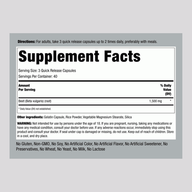 Supplement Facts panel for Beet Root 1500 mg, 120 capsules.