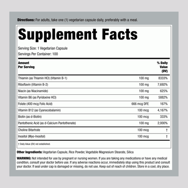 Image of Supplement Facts for Supreme Stress B 100 Capsules, detailing nutrients and quantities per serving for the supplement.