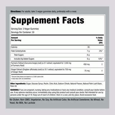 Supplement Facts panel detailing ingredients for Turmeric & Ginger 90 Gummies.