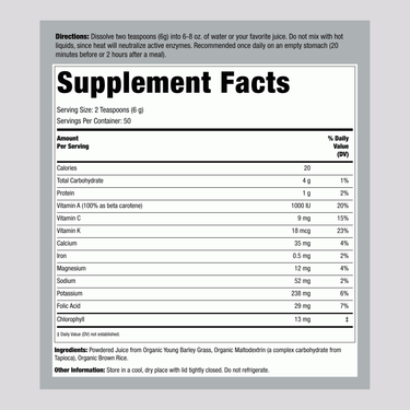 Supplement Facts for Green Foods Green Magma 10.6 oz displayed.