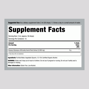 Supplement Facts label for Nature's Answer Hyssop Liquid Extract, 1 OZ bottle.
