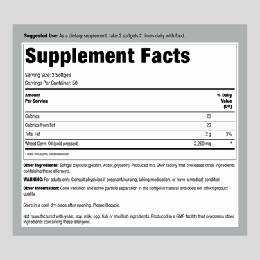 Supplement Facts panel displaying details for Wheat Germ Oil.
