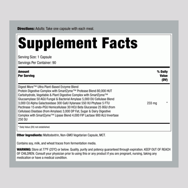 DigestMore Ultra 90 Veg Capsules Supplement Facts panel image.