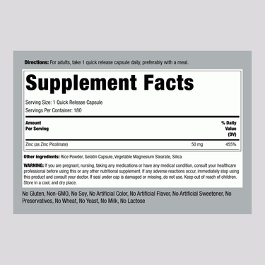 Supplement Facts label for Zinc Picolinate 50 mg, 180 capsules.
